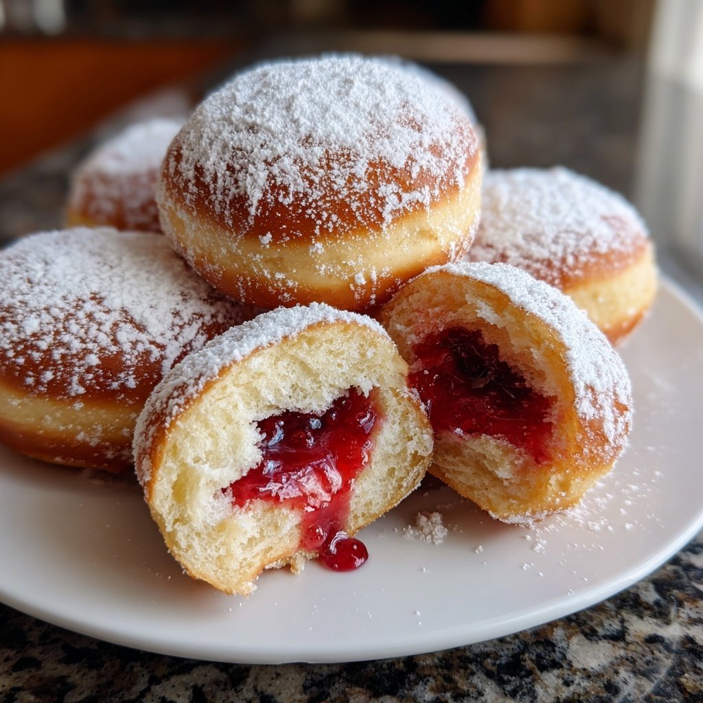Klassische deutsche Berliner mit Himbeermarmelade