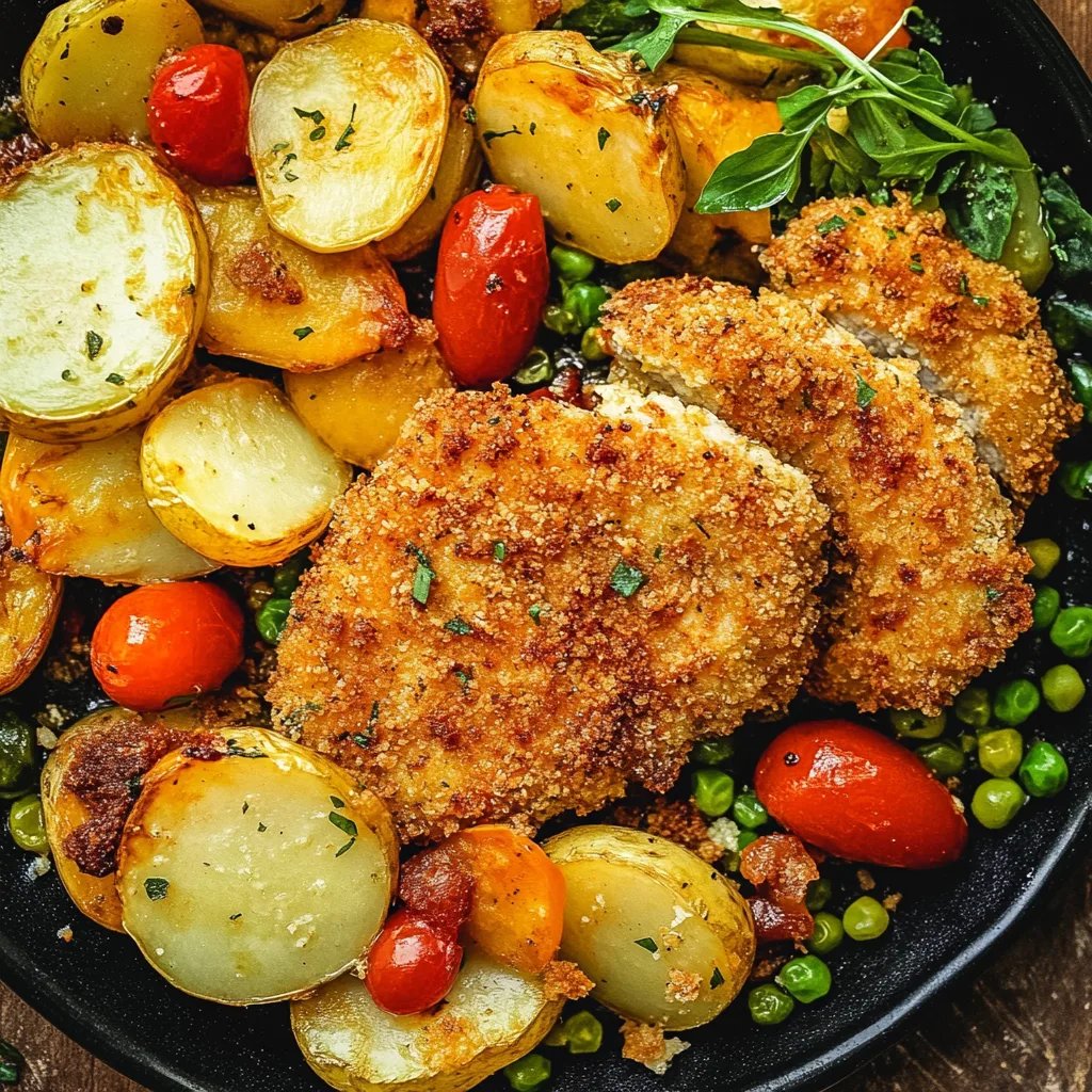 Parmesan Hähnchenschnitzel aus dem Ofen mit Gemüse und Kartoffeln