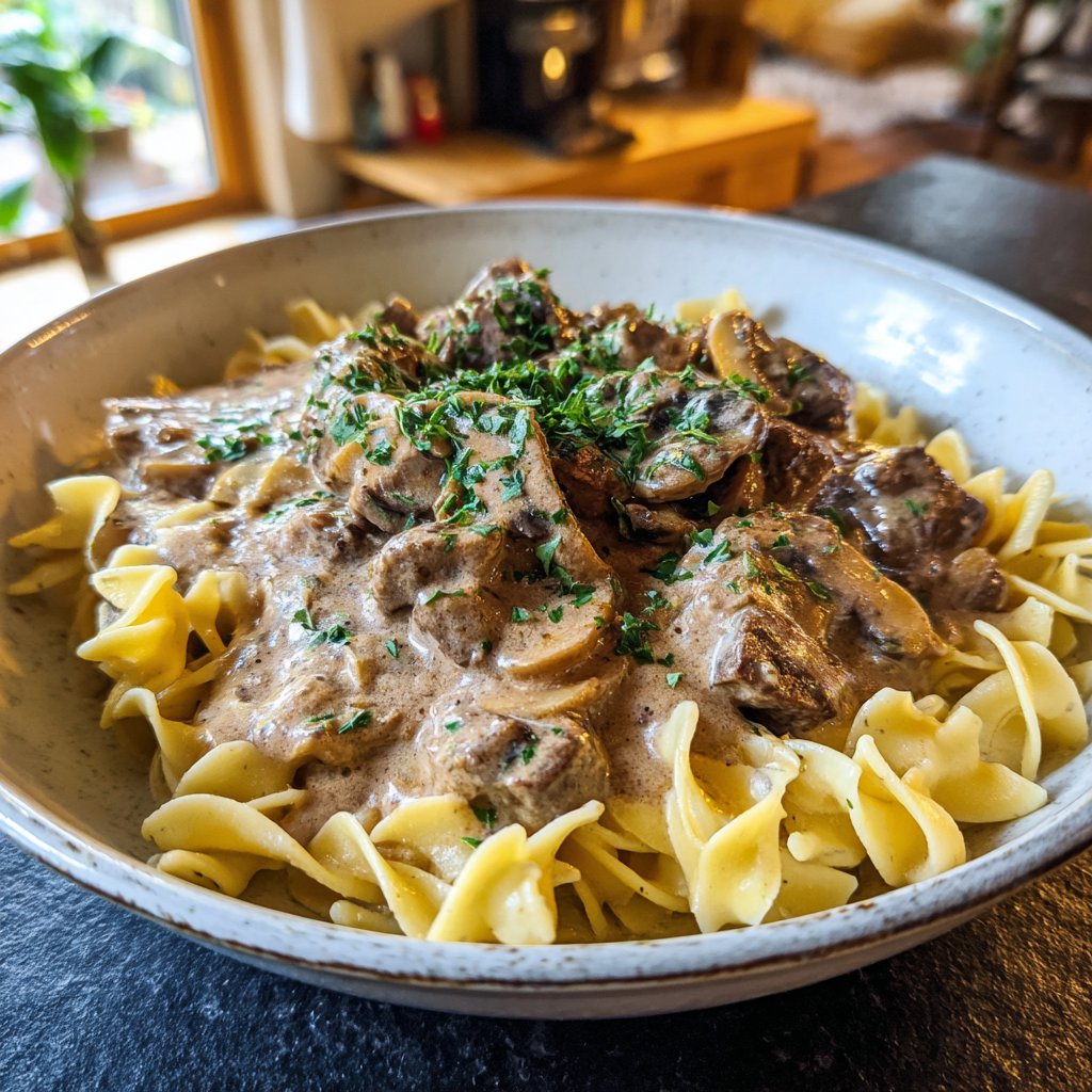 Rindfleisch Stroganoff zartes Teigwaren Sauce