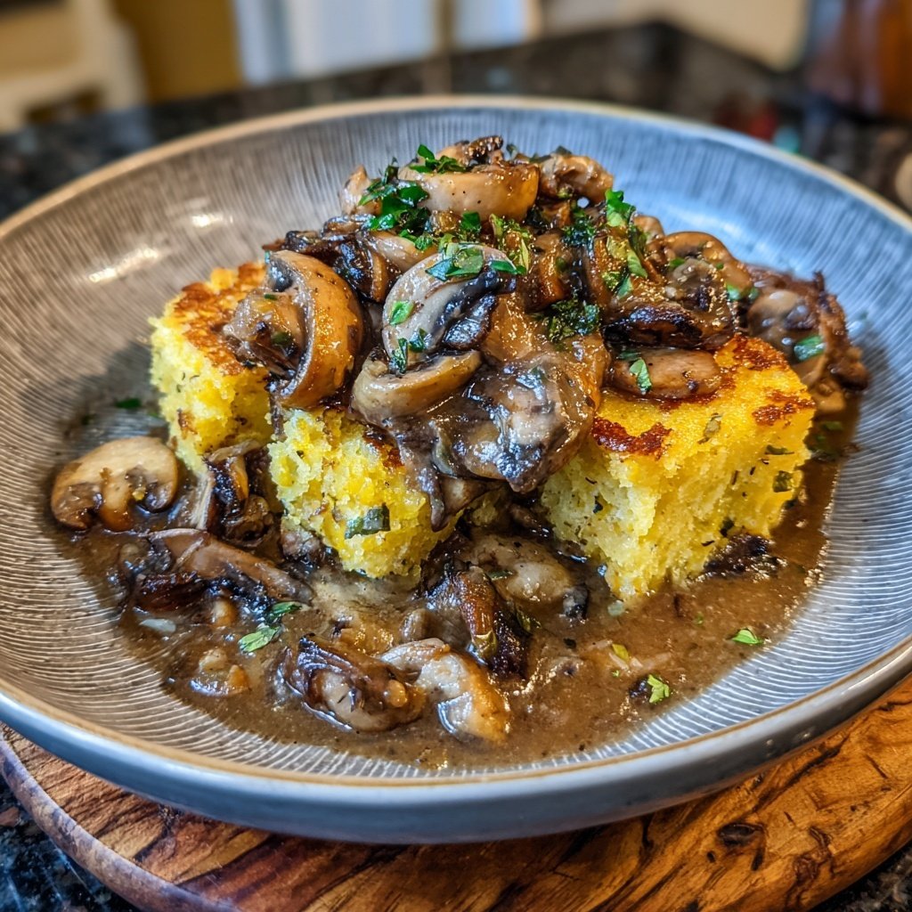 Gebratene Polenta-Würfel mit Pilzragout