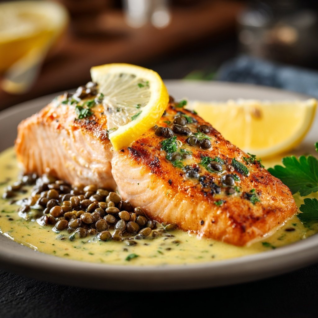 Gebackener Lachs Linsen Zitrone Soße