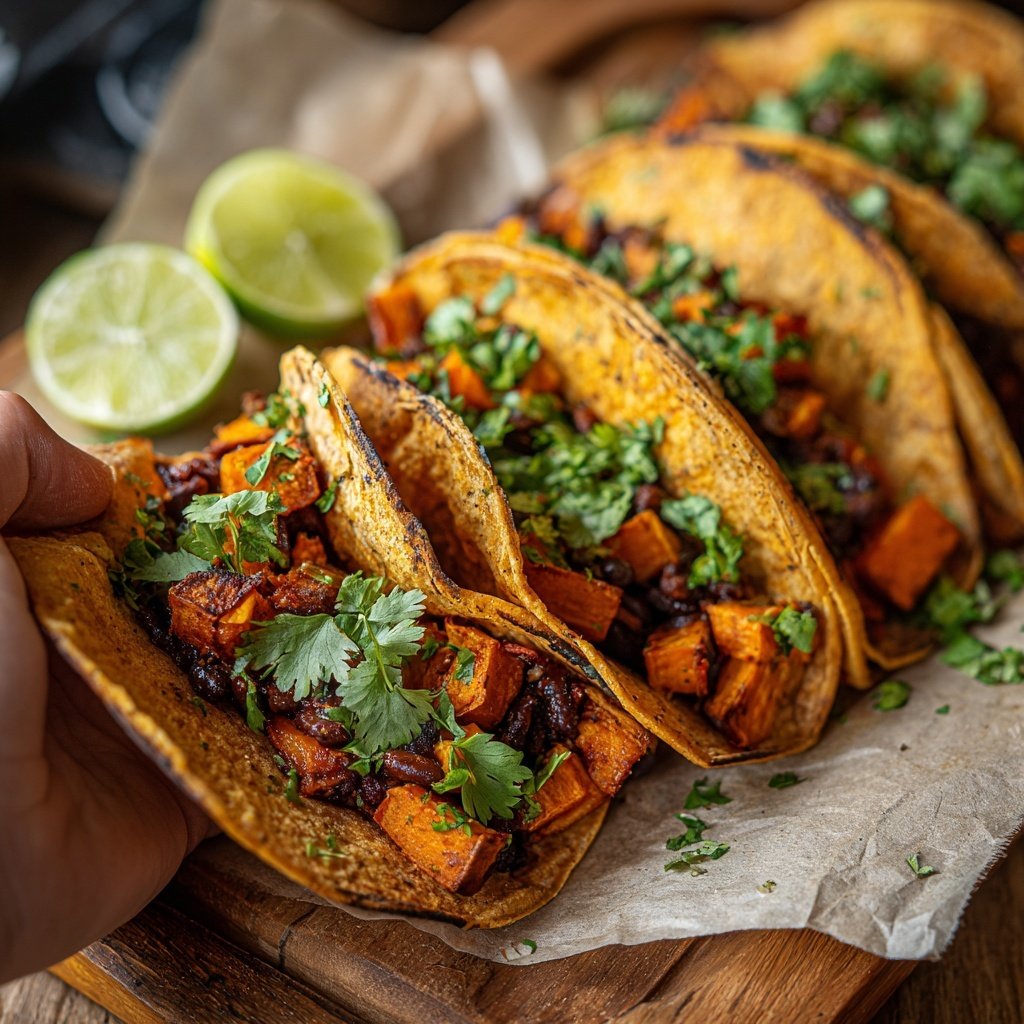 Süßkartoffel und Schwarze Bohnen Tacos