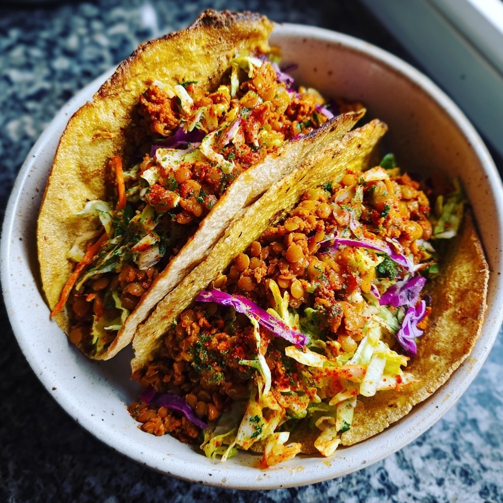 Geräucherte Paprika Linsen Tacos Krautsalat