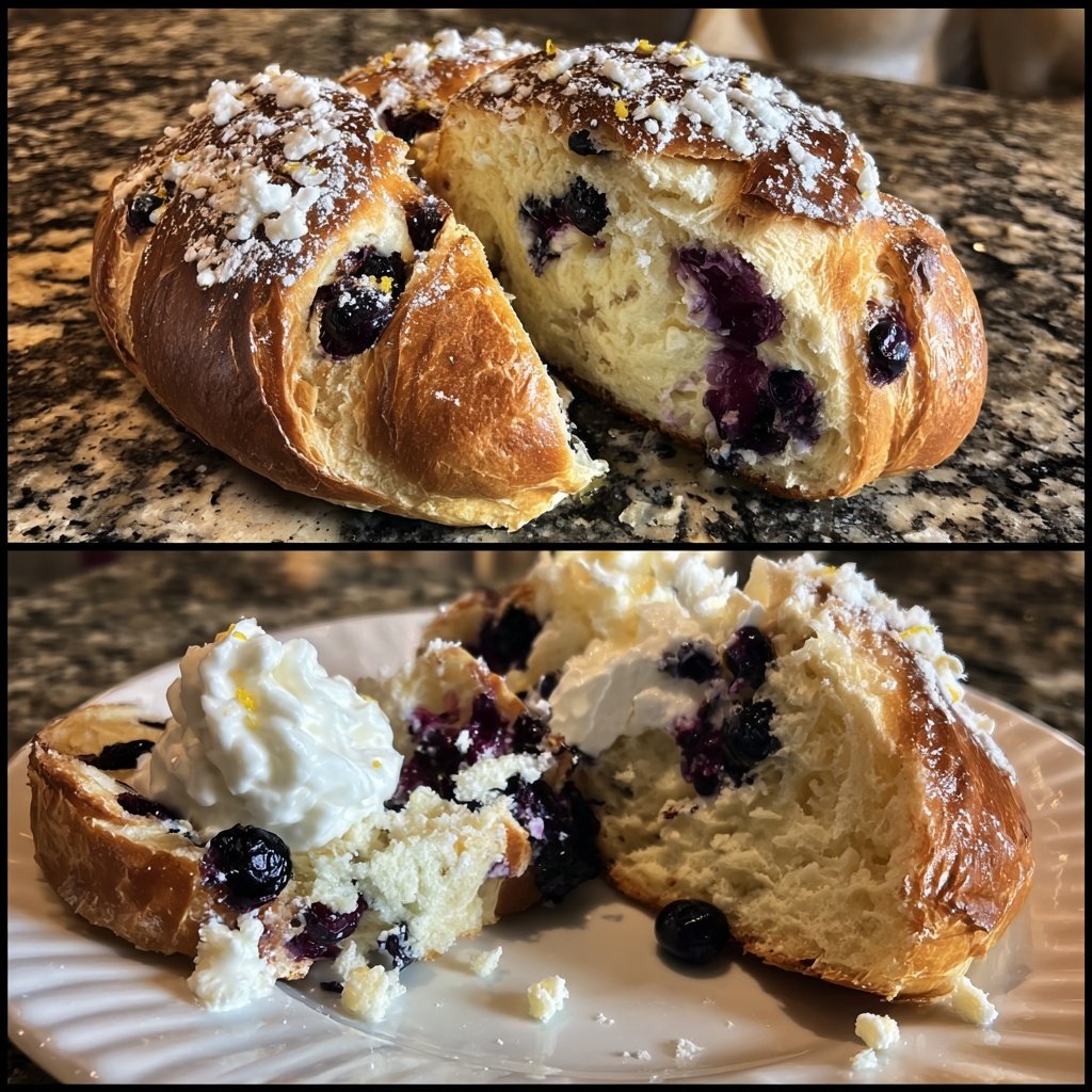 Zitrone Blaubeeren Sauerteig mit geschlagener Sahne